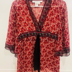 Studio M Red and Black Geometric 100% Silk Blouse